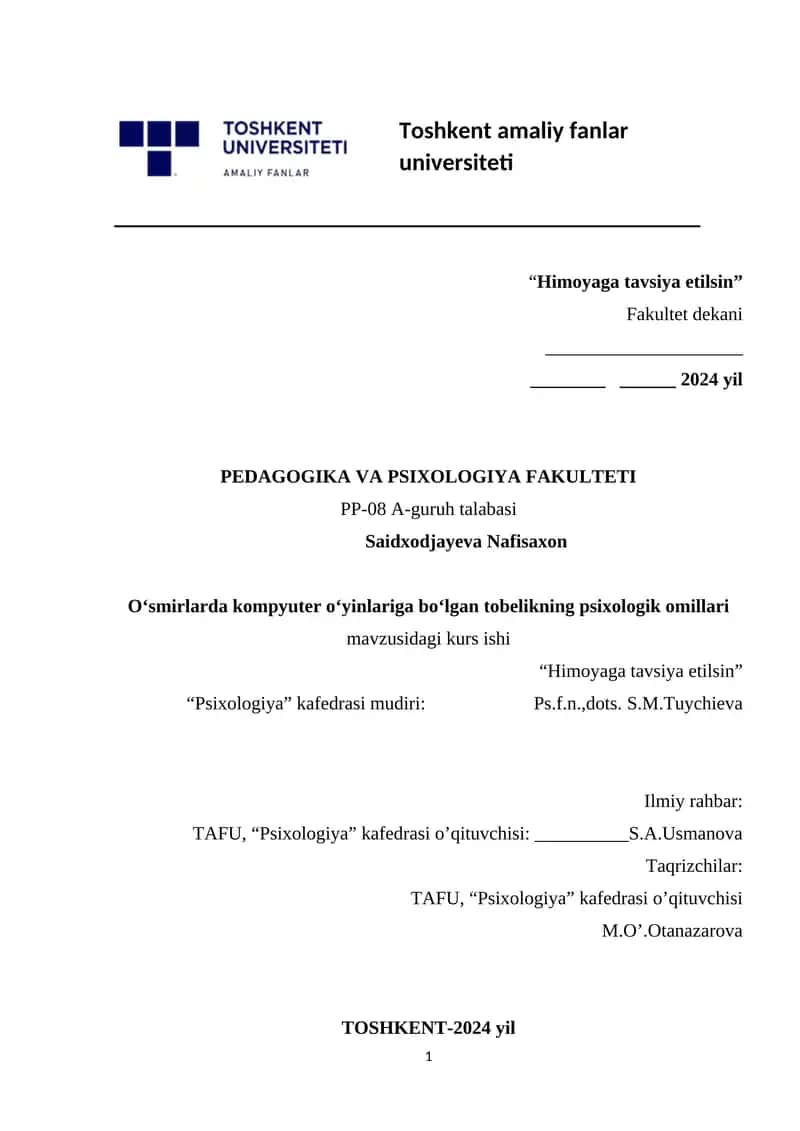 Oʻsmirlarda kompyuter oʻyinlariga boʻlgan tobelikning psixologik omillari