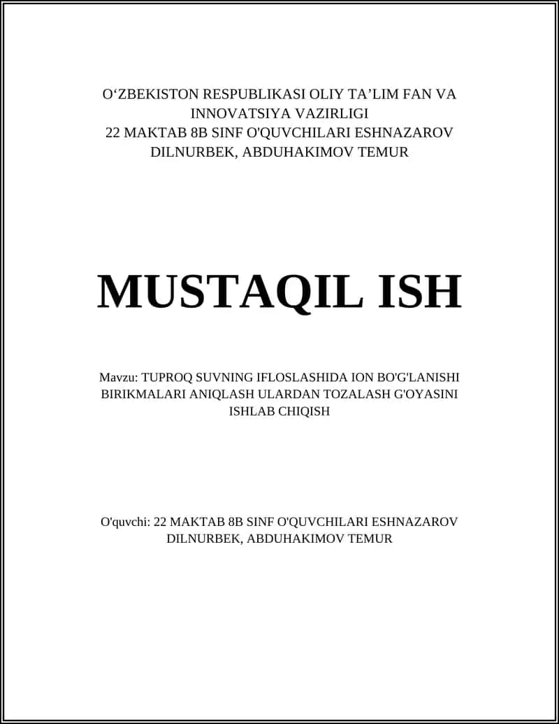 TUPROQ SUVNING IFLOSLASHIDA ION BO'G'LANISHI BIRIKMALARI ANIQLASH ULARDAN TOZALASH G'OYASINI ISHLAB CHIQISH