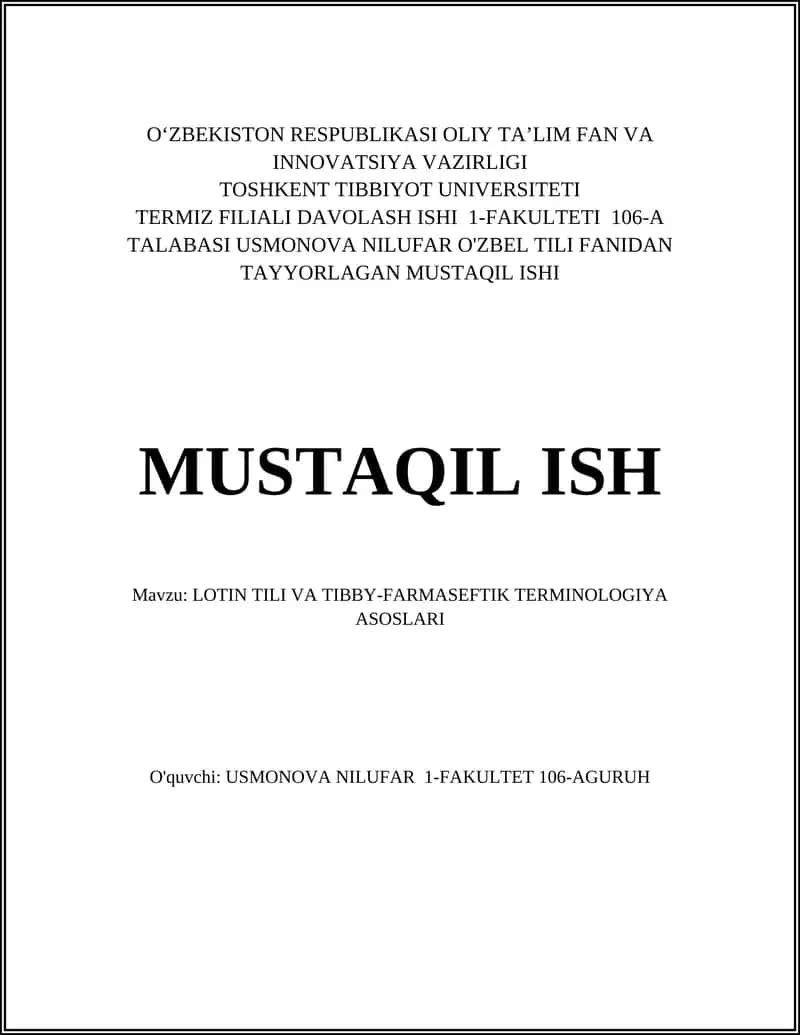 LOTIN TILI VA TIBBY-FARMASEFTIK TERMINOLOGIYA ASOSLARI
