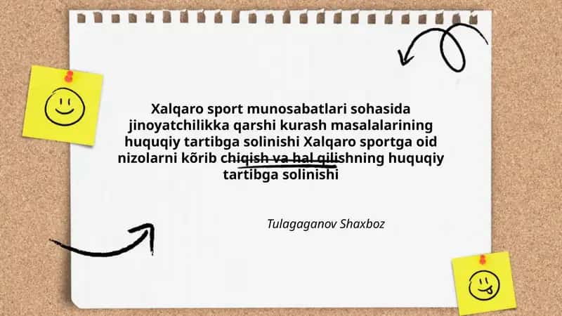 Xalqaro sport munosabatlari sohasida jinoyatchilikka qarshi kurash masalalarining huquqiy tartibga solinishi Xalqaro sportga oid nizolarni kõrib chiqish va hal qilishning huquqiy tartibga solinishi