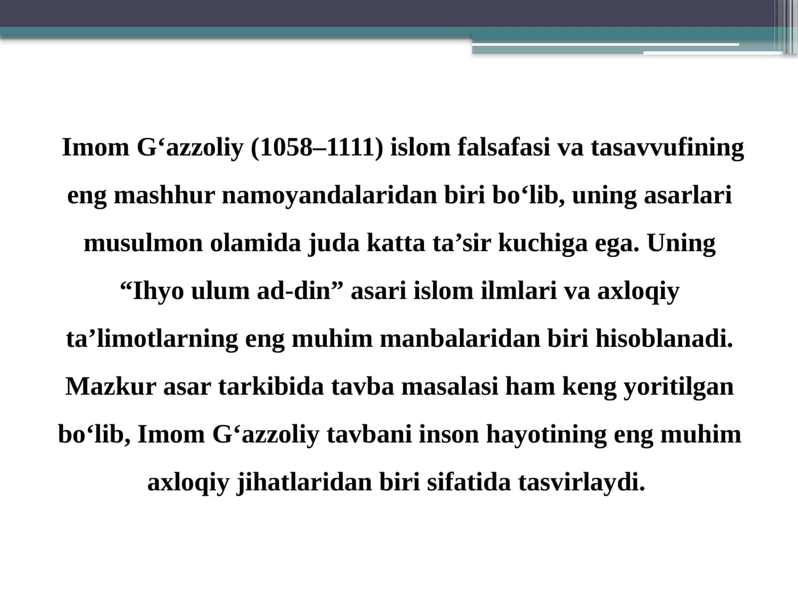 G`azzoliyning Tavba asari asosida ,,Din va axloq