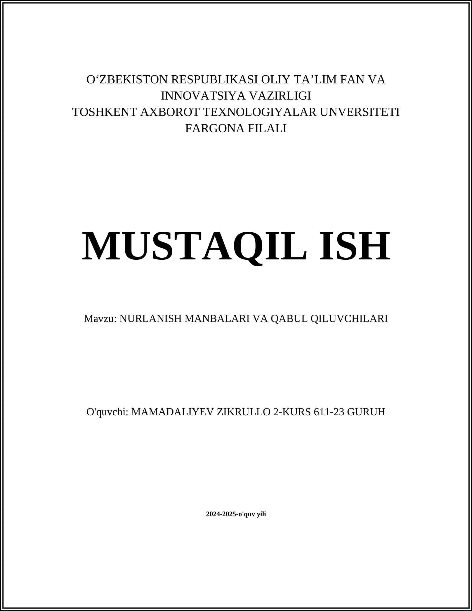NURLANISH MANBALARI VA QABUL QILUVCHILARI