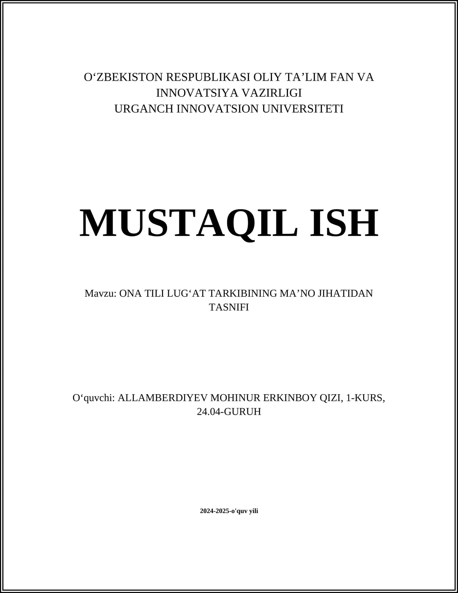 ONA TILI LUG'AT TARKIBINING MA'NO JIHATIDAN TASNIFI