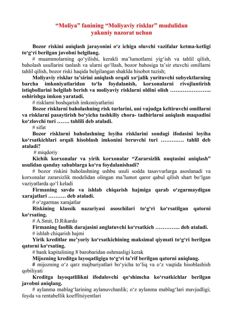 "Moliyaviy risklar" yakuniy nazorat uchun , javobi bilan