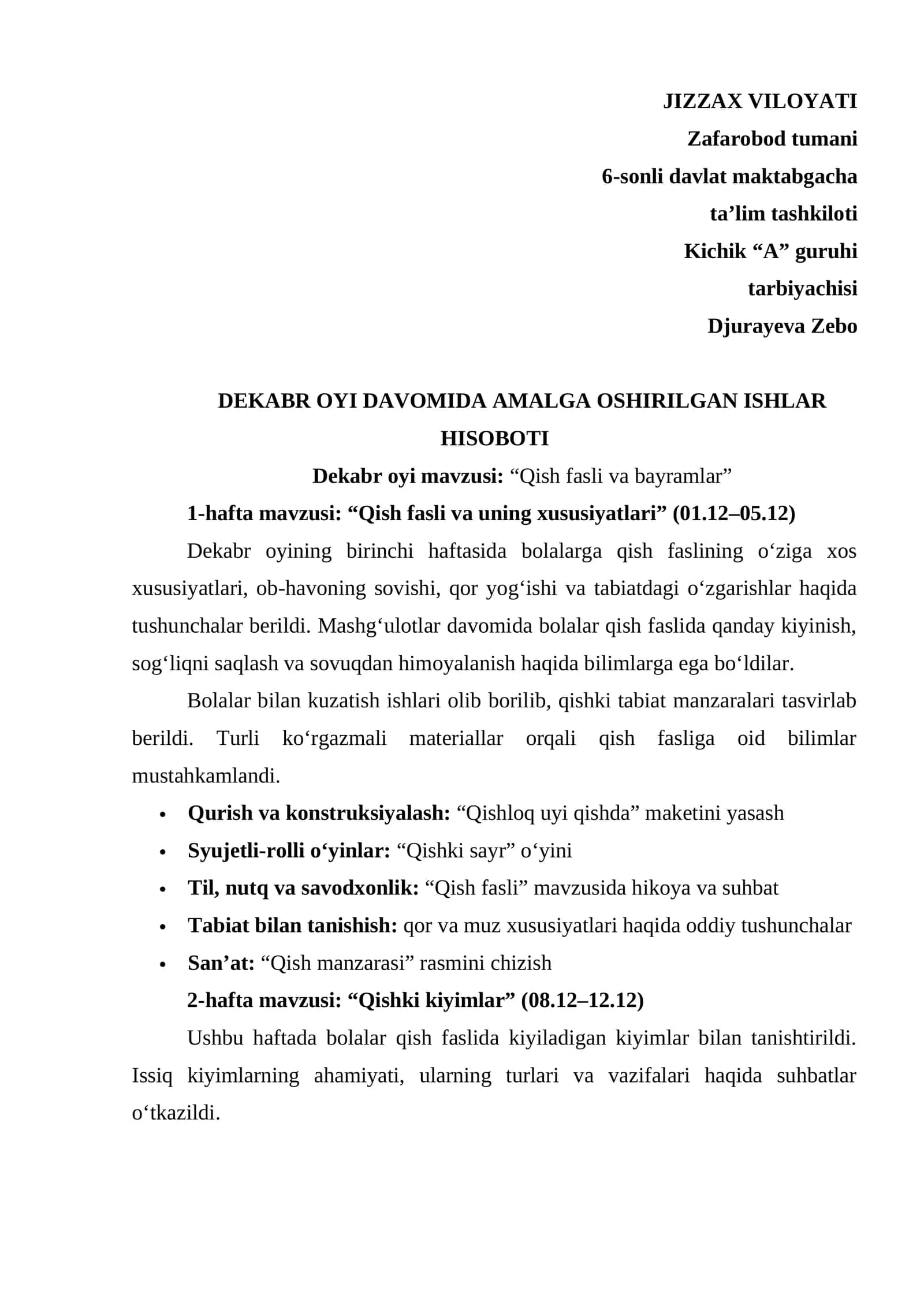 Maktabgacha ta'lim tarbiyachisi uchun dekabr hisoboti