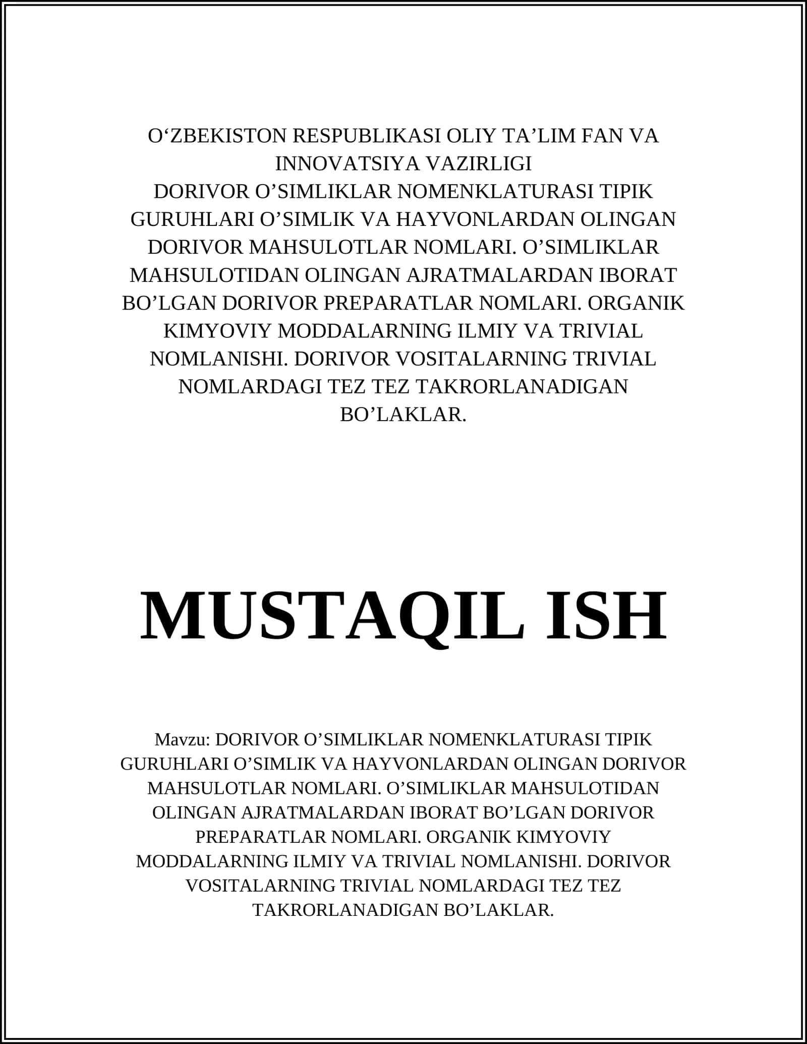 DORIVOR O’SIMLIKLAR NOMENKLATURASI