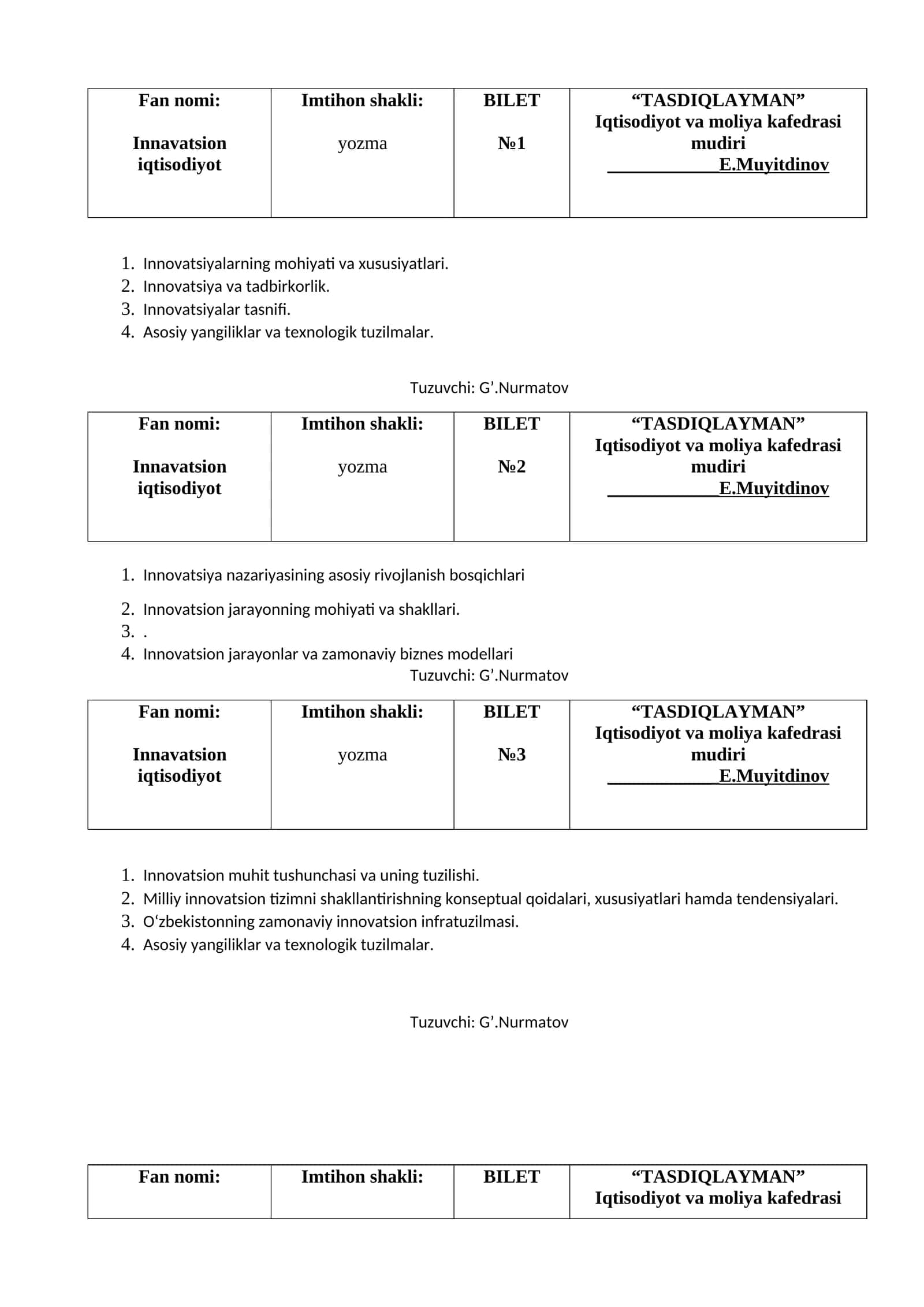 TASDIQLAYMAN - Innovatsion iqtisodiyot BILET