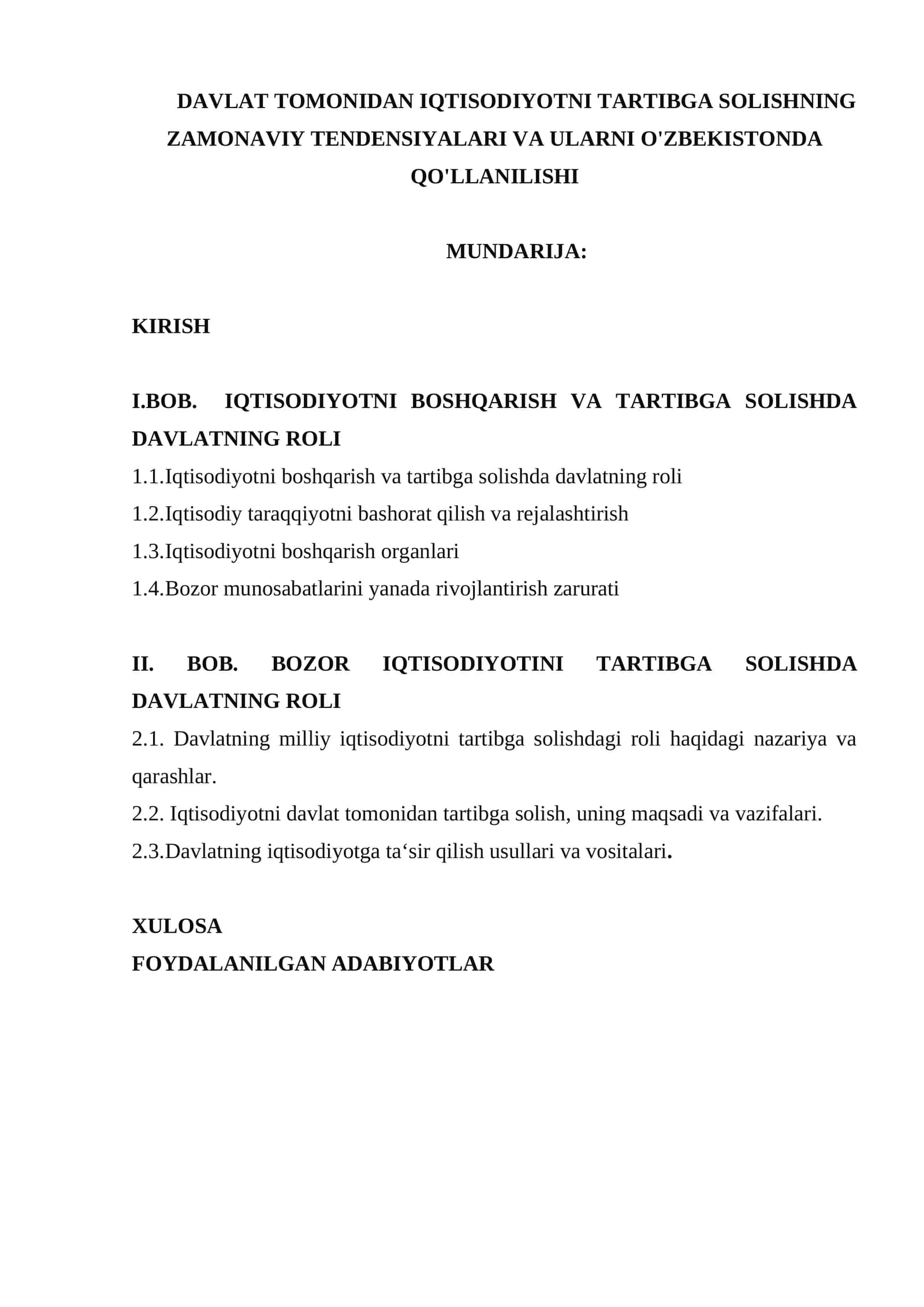 davlat tomonidan iqtisodiyotni tartibga solishning zamonaviy tendensiyalari va ularni O'zbekistonda qo'llanilishi