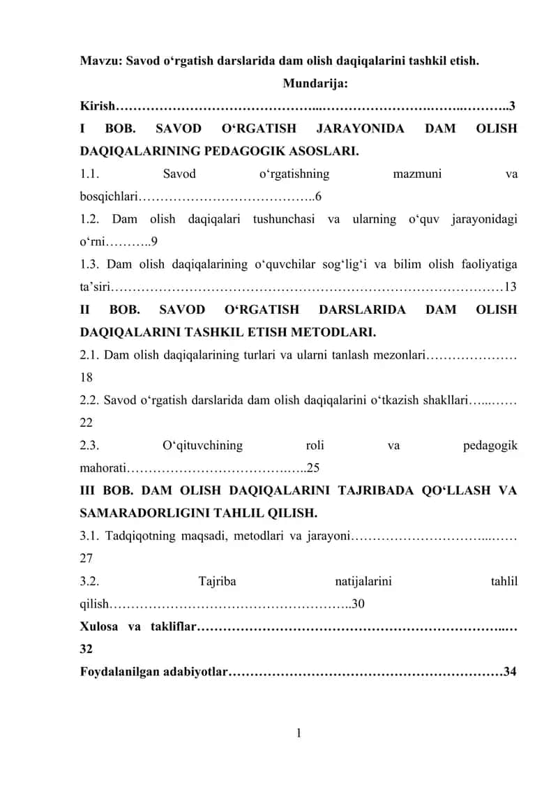 Savod o‘rgatish darslarida dam olish daqiqalarini tashkil etish