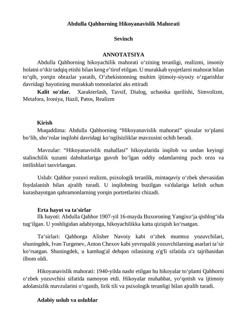 Abdulla Qahhorning Hikoyanavislik Mahorati