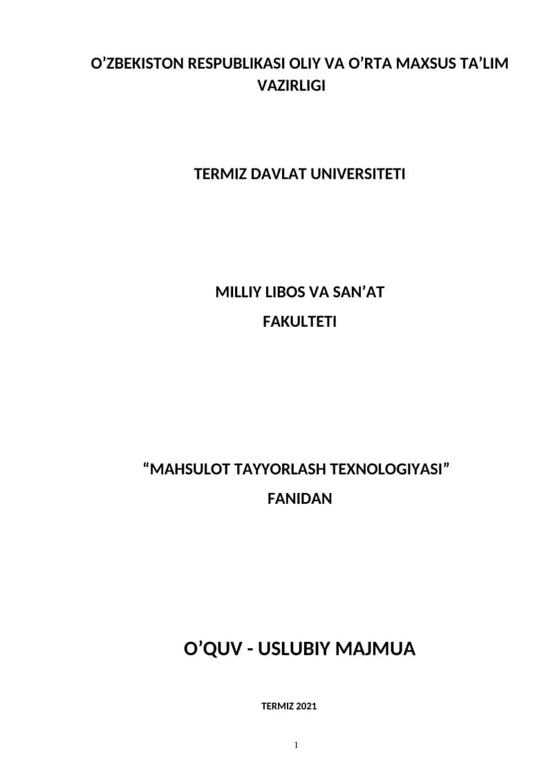 MAHSULOT TAYYORLASH TEXNOLOGIYASI