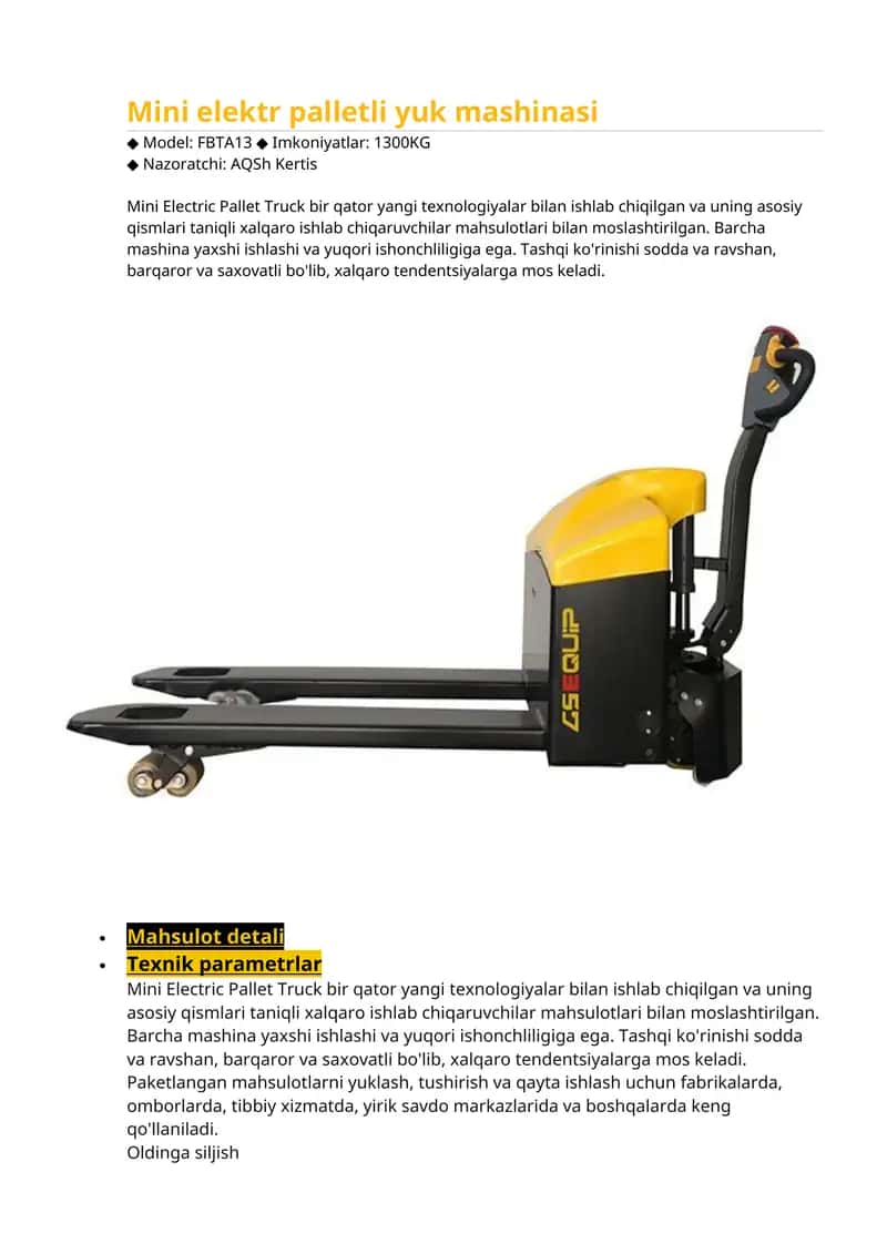 Mini elektr palletli yuk mashinasi