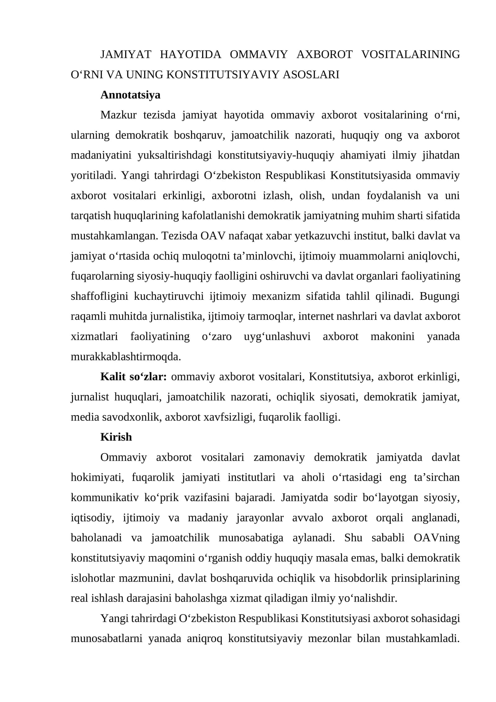 JAMIYAT HAYOTIDA OMMAVIY AXBOROT VOSITALARINING OʻRNI VA UNING KONSTITUTSIYAVIY ASOSLARI