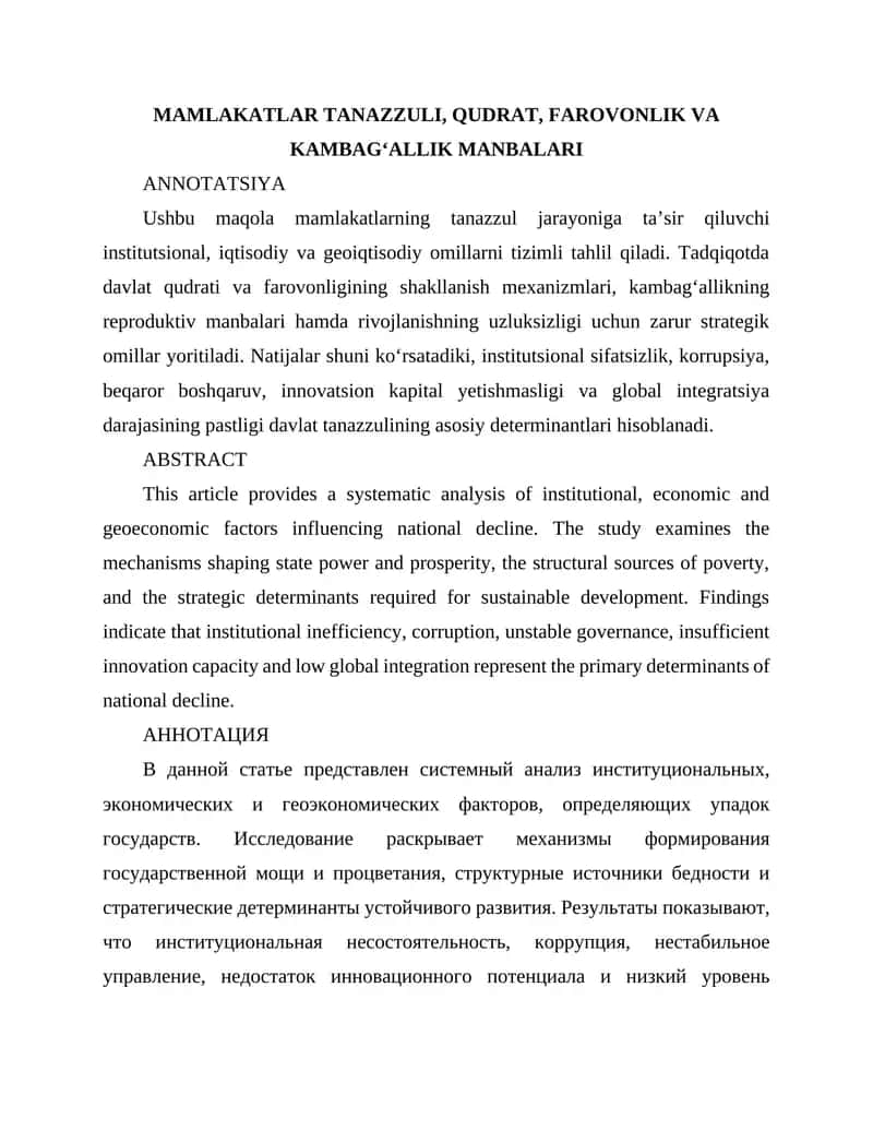 MAMLAKATLAR TANAZZULI, QUDRAT, FAROVONLIK VA KAMBAG‘ALLIK MANBALARI