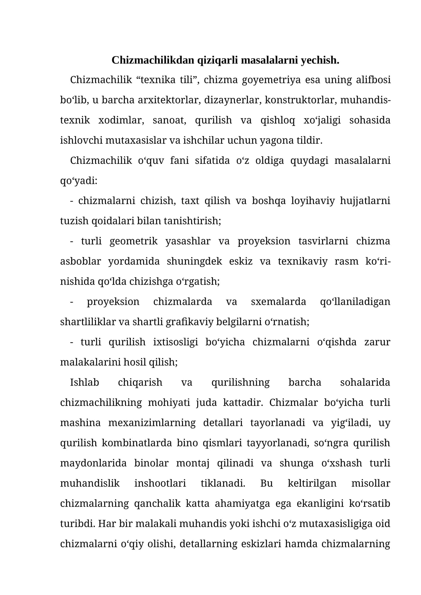 Chizmachilikdan qiziqarli masalalarni yechish | Grafik topshiriqlar va variantlar | DOCX