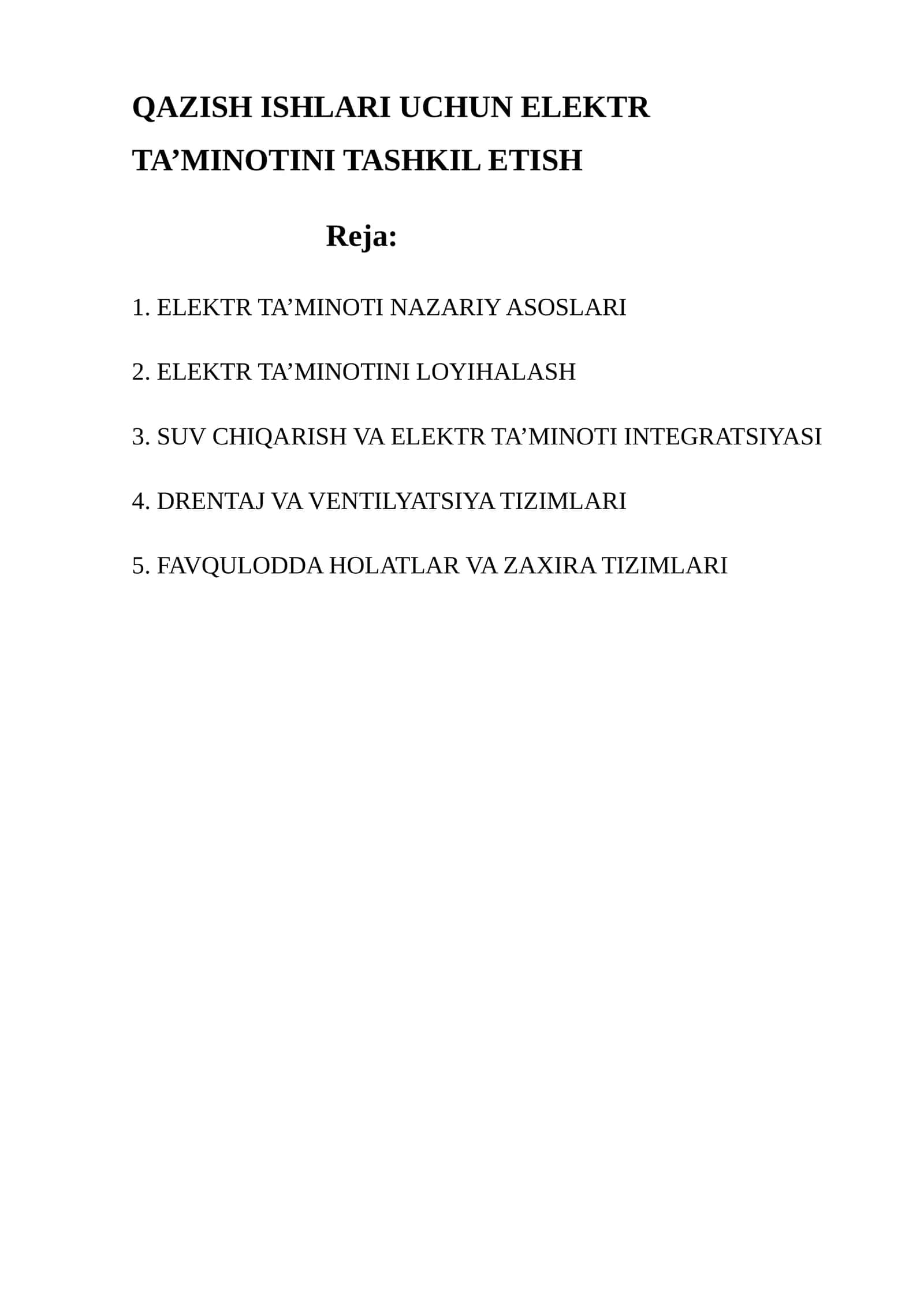 ELEKTR TA’MINOTI NAZARIY ASOSLARI