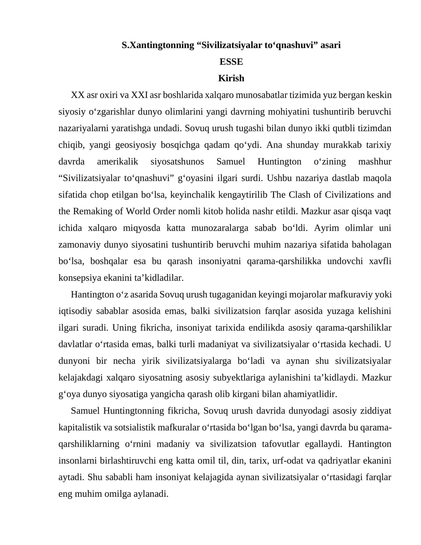 S.Xantingtonning “Sivilizatsiyalar to‘qnashuvi” asari ESSЕ