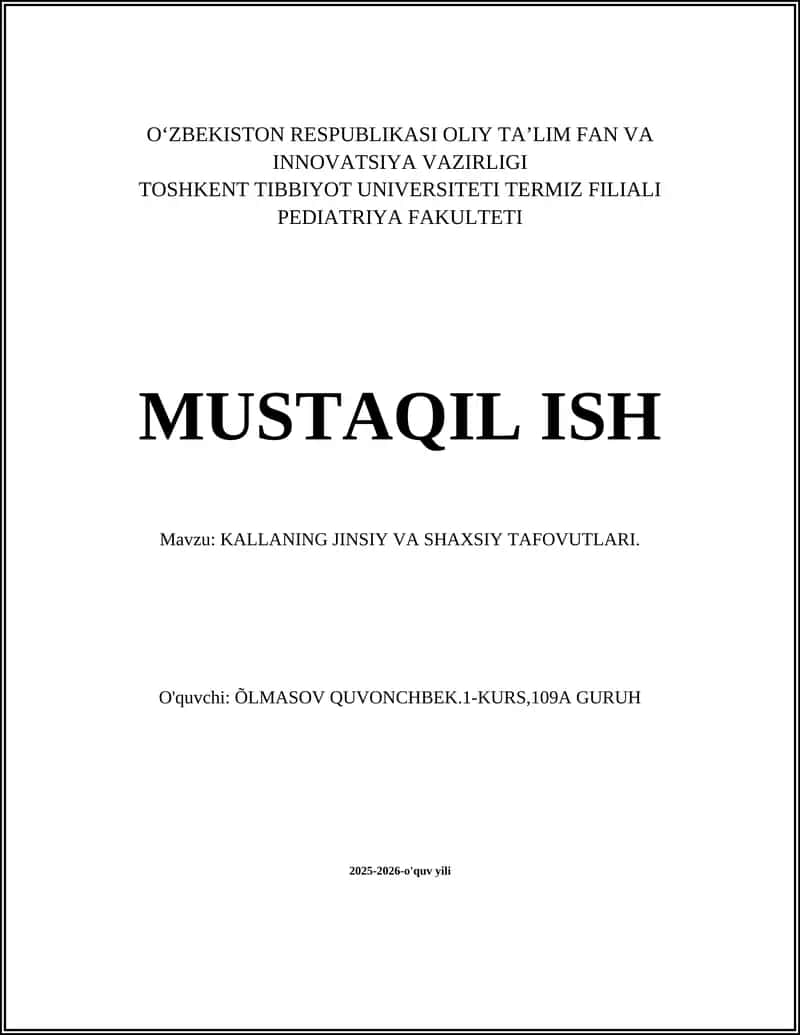 KALLANING JINSIY VA SHAXSIY TAFOVUTLARI
