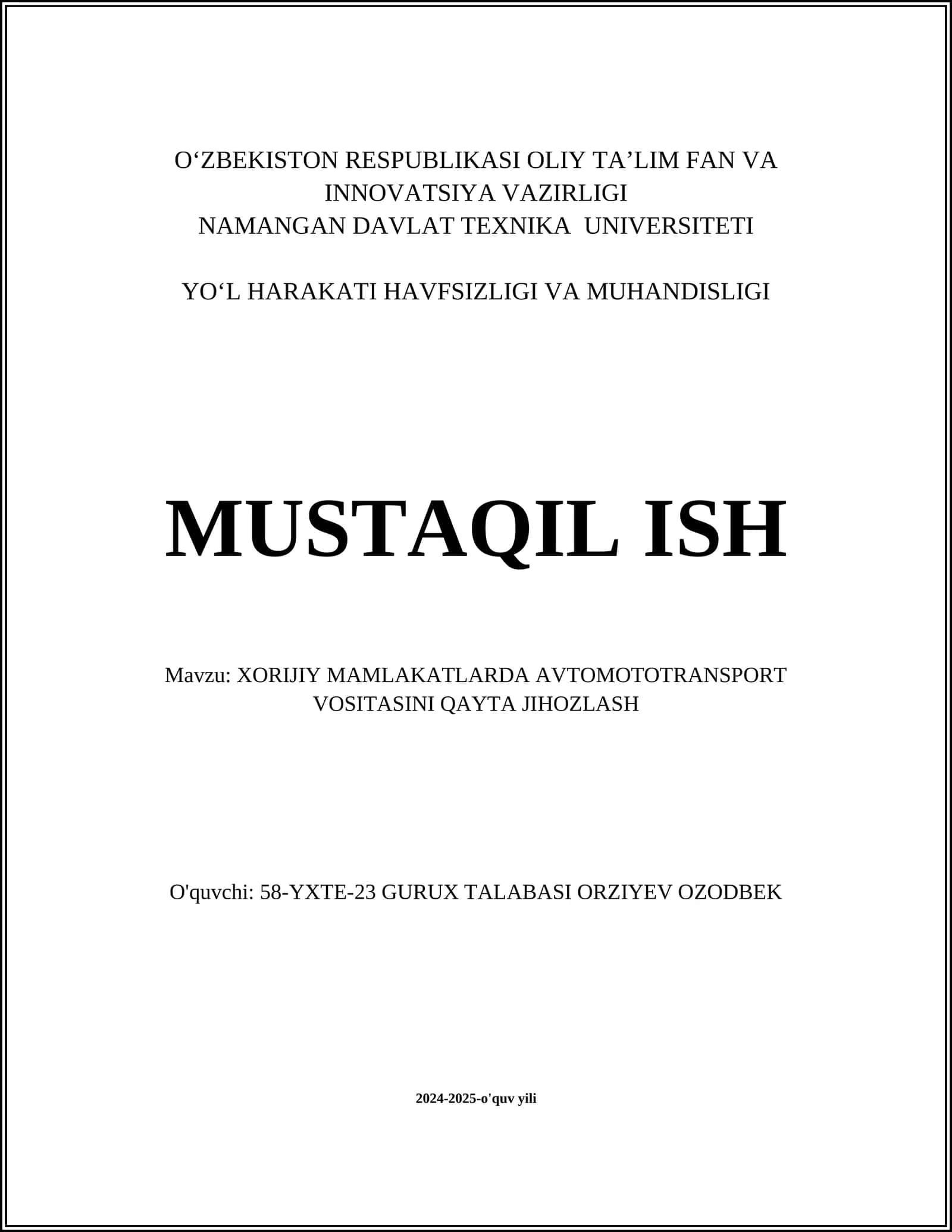 XORIJIY MAMLAKATLARDA AVTOMOTOTRANSPORT VOSITASINI QAYTA JIHOZLASH