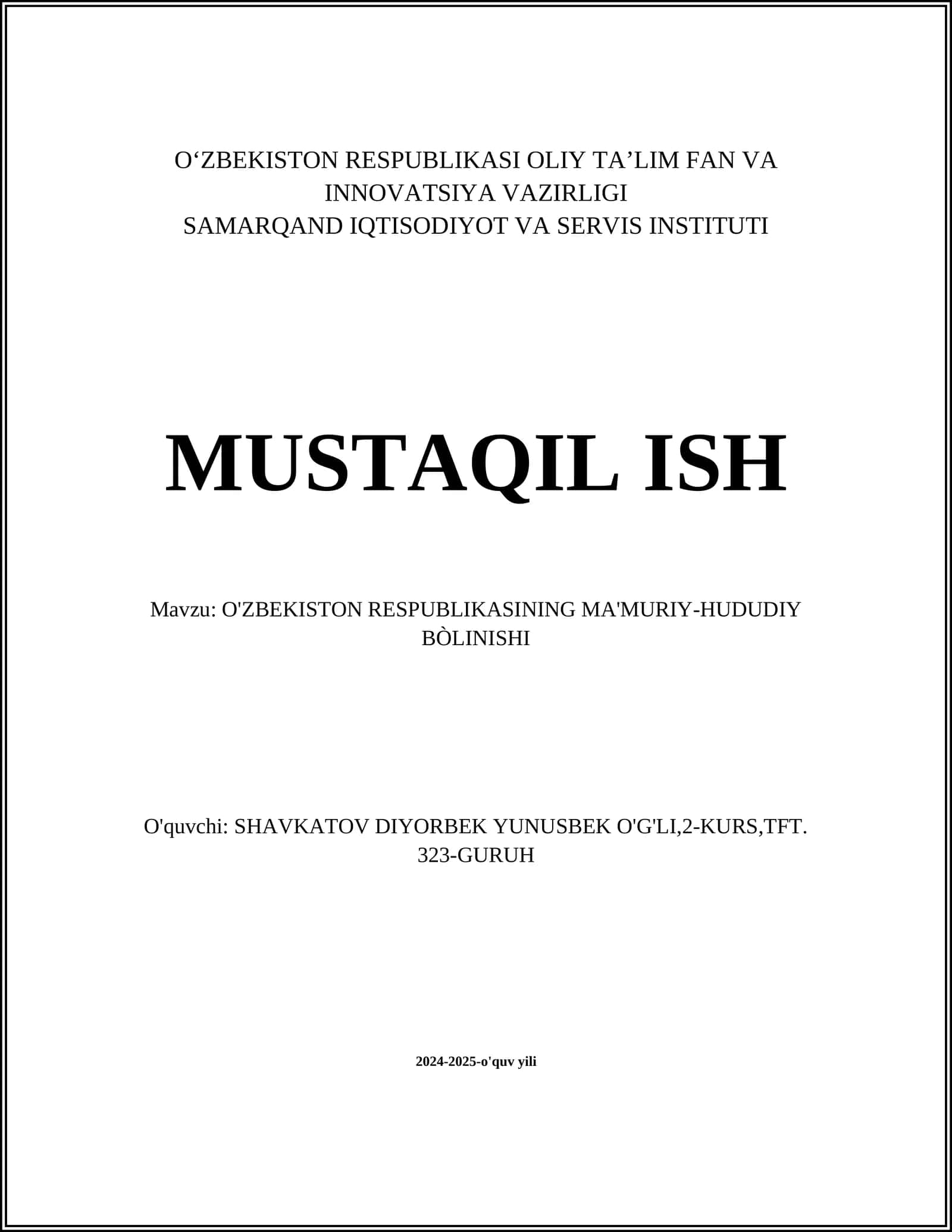 O'ZBEKISTON RESPUBLIKASINING MA'MURIY-HUDUDIY BÒLINISHI