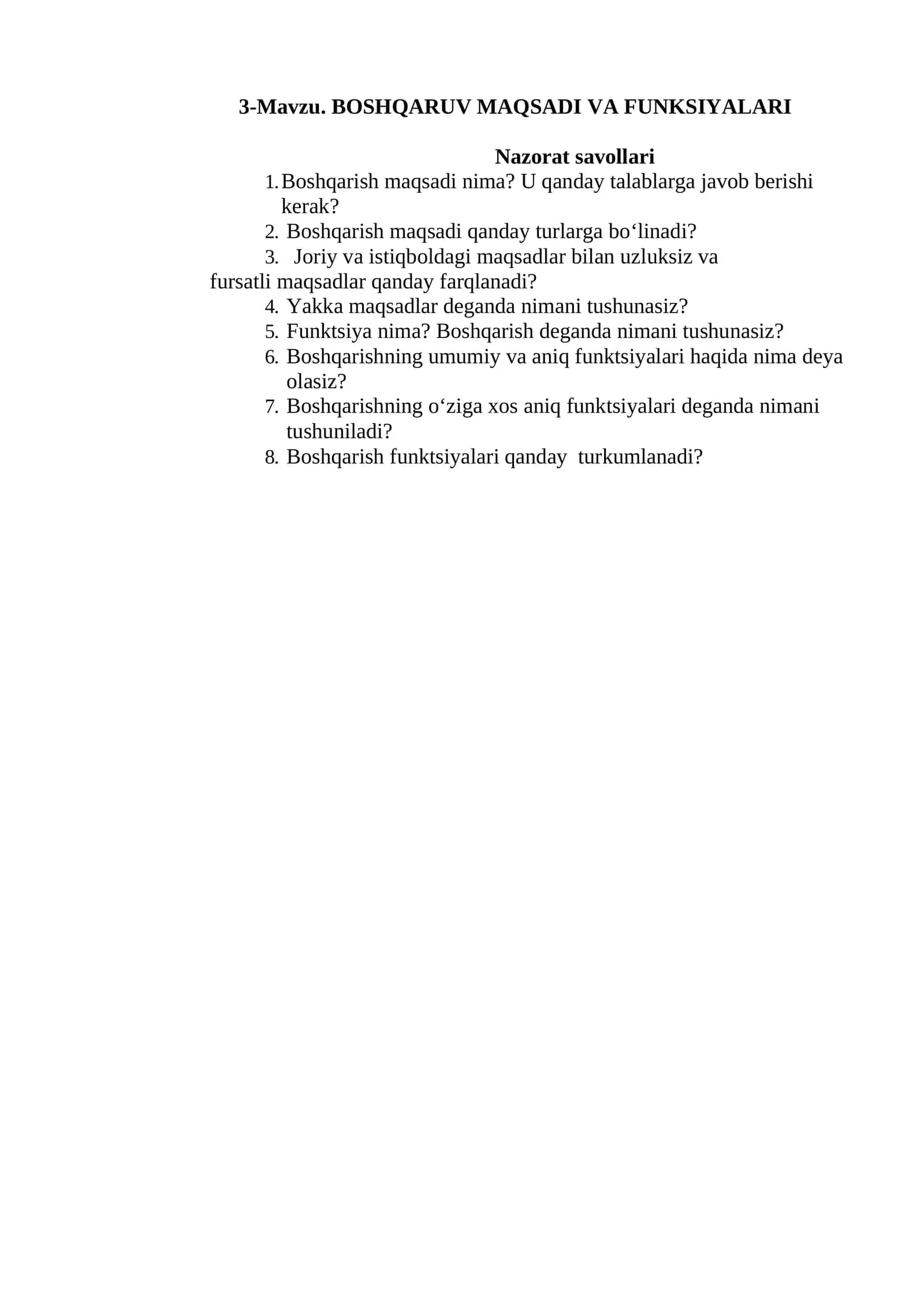 BOSHQARUV MAQSADI VA FUNKSIYALARI