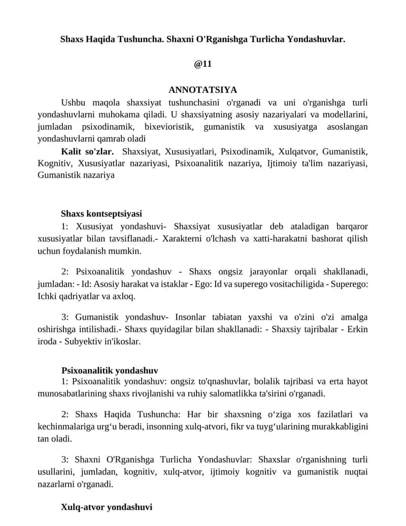Shaxs Haqida Tushuncha. Shaxni O'Rganishga Turlicha Yondashuvlar