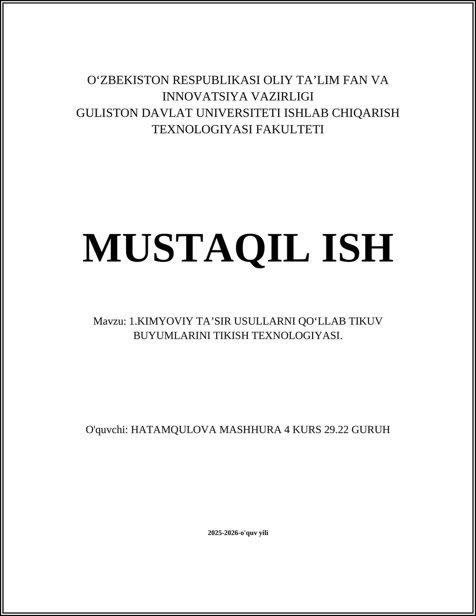 KIMYOVIY TAʼSIR USULLARNI QO‘LLAB TIKUV BUYUMLARINI TIKISH TEXNOLOGIYASI