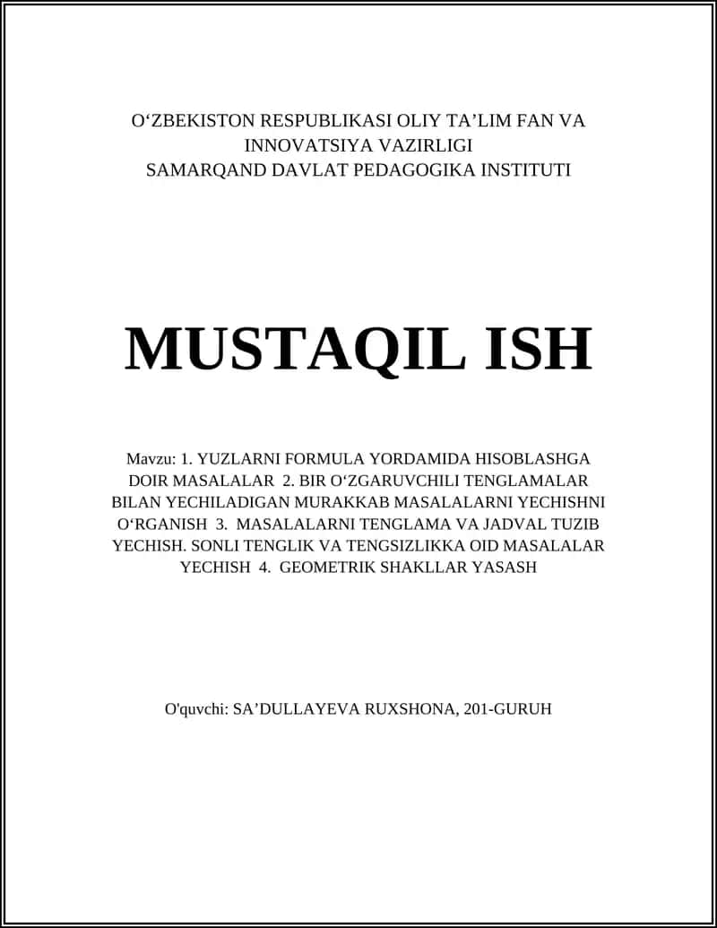 Toʻrtburchak va kvadrat yuzlarini formula orqali hisoblash masallari