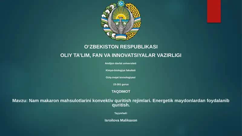 Nam makaron mahsulotlarini konvektiv quritish rejimlari
