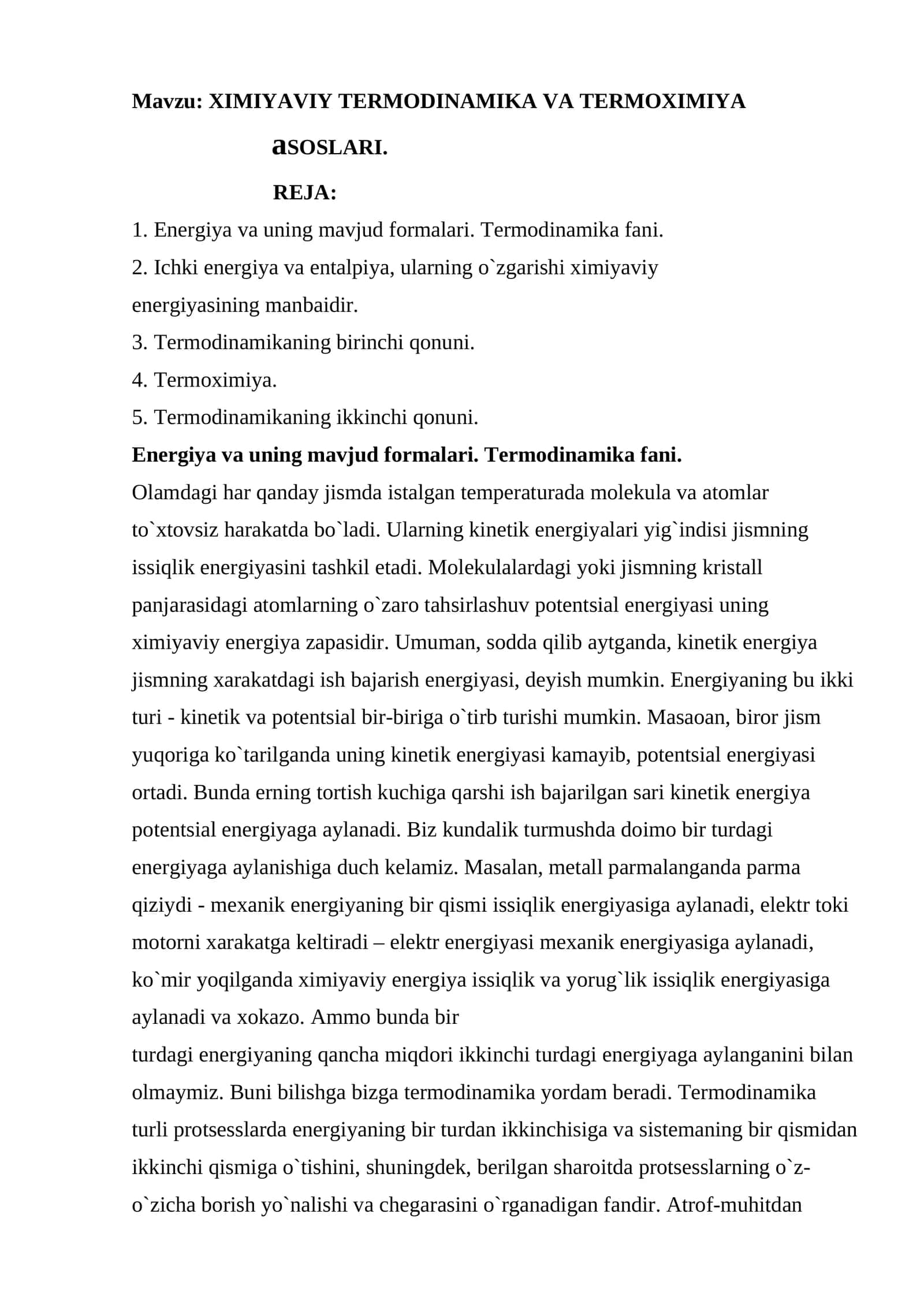 XIMIYAVIY TЕRMОDINАMIKА VА TЕRMОXIMIYA aSОSLАRI