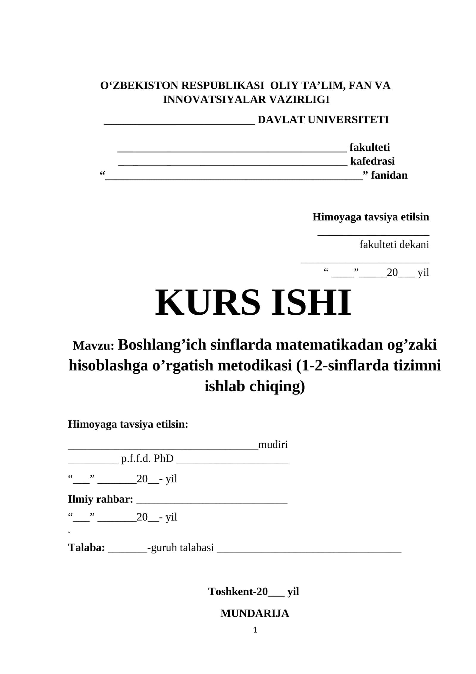 Boshlang’ich sinflarda matematikadan og’zaki hisoblashga o’rgatish metodikasi (1-2-sinflarda tizimni ishlab chiqing)