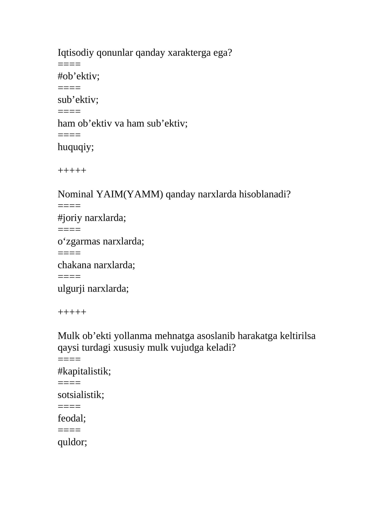 Iqtisodiyot nazariyasi fanidan test yangi