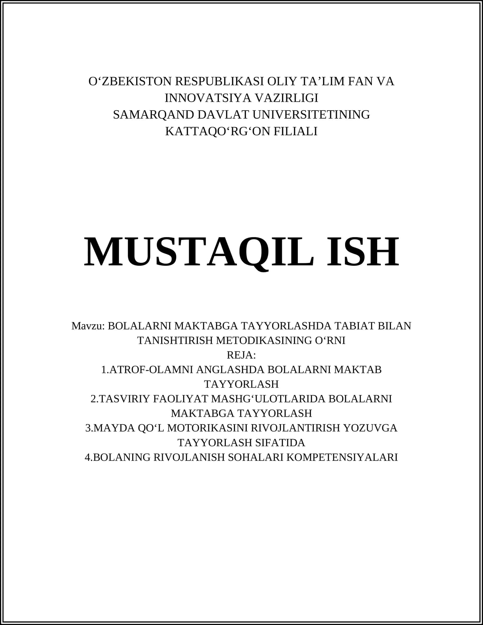 BOLALARNI MAKTABGA TAYYORLASHDA TABIAT BILAN TANISHTIRISH METODIKASI