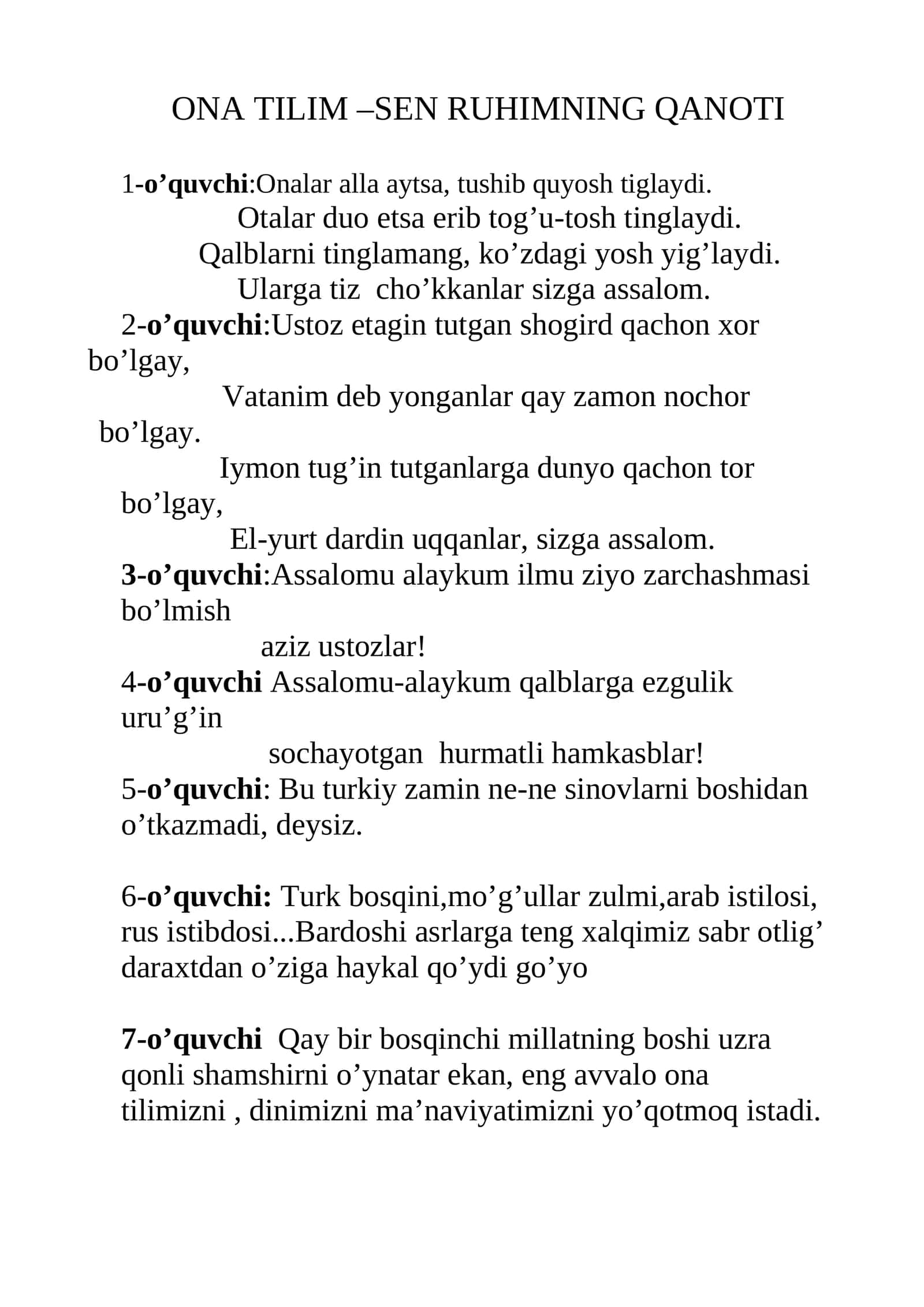 ONA TILIM –SEN RUHIMNING QANOTI
