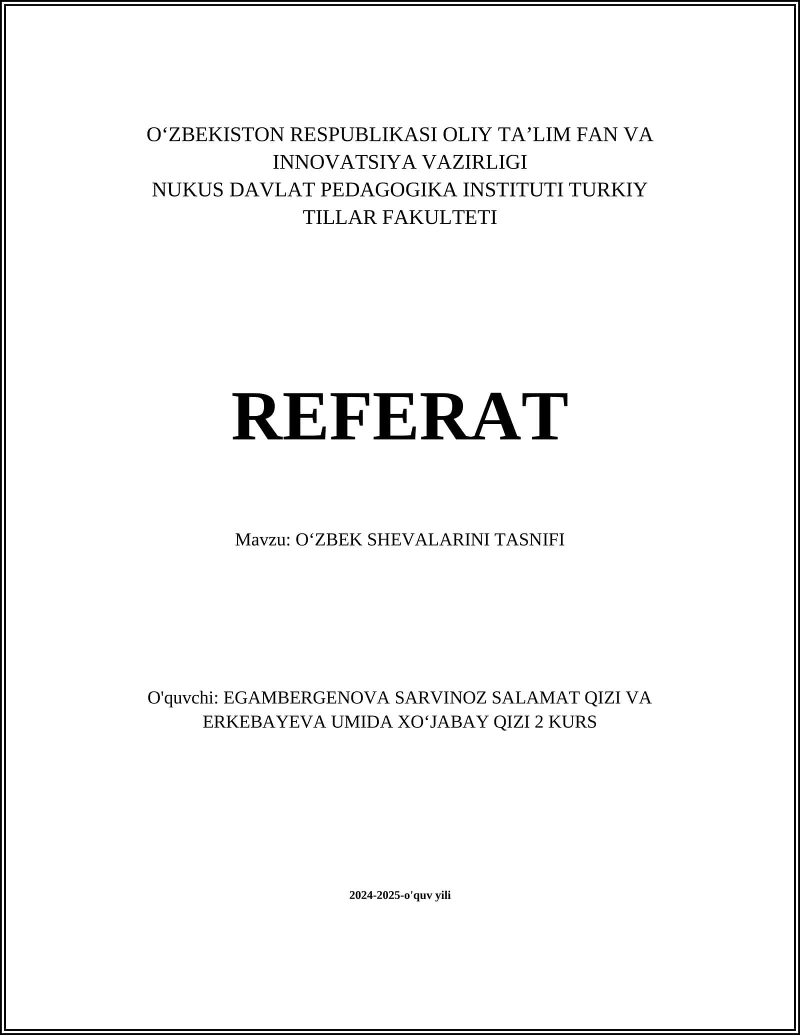 OʻZBEK SHEVALARINI TASNIFI