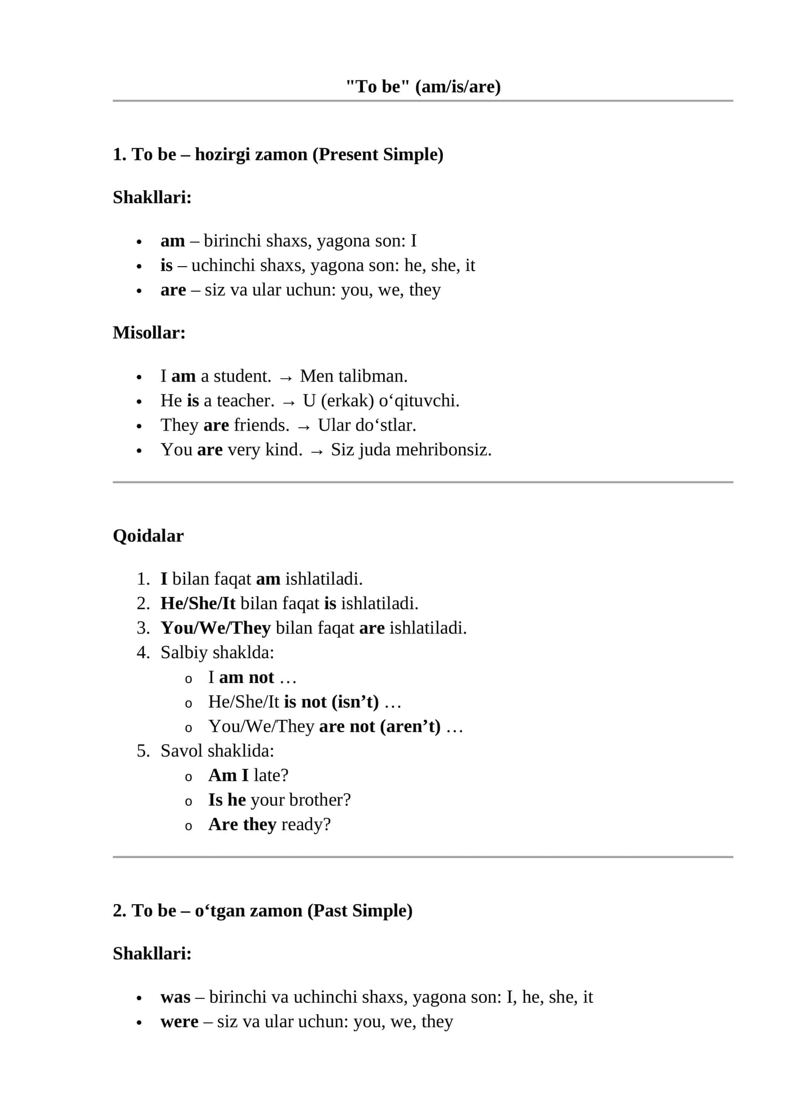 To be – hozirgi zamon (Present Simple)