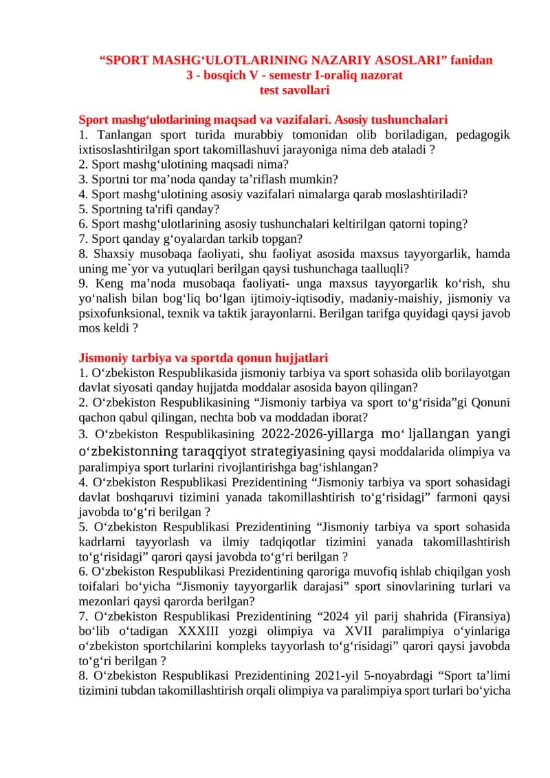SPORT MASHGʻULOTLARINING NAZARIY ASOSLARI