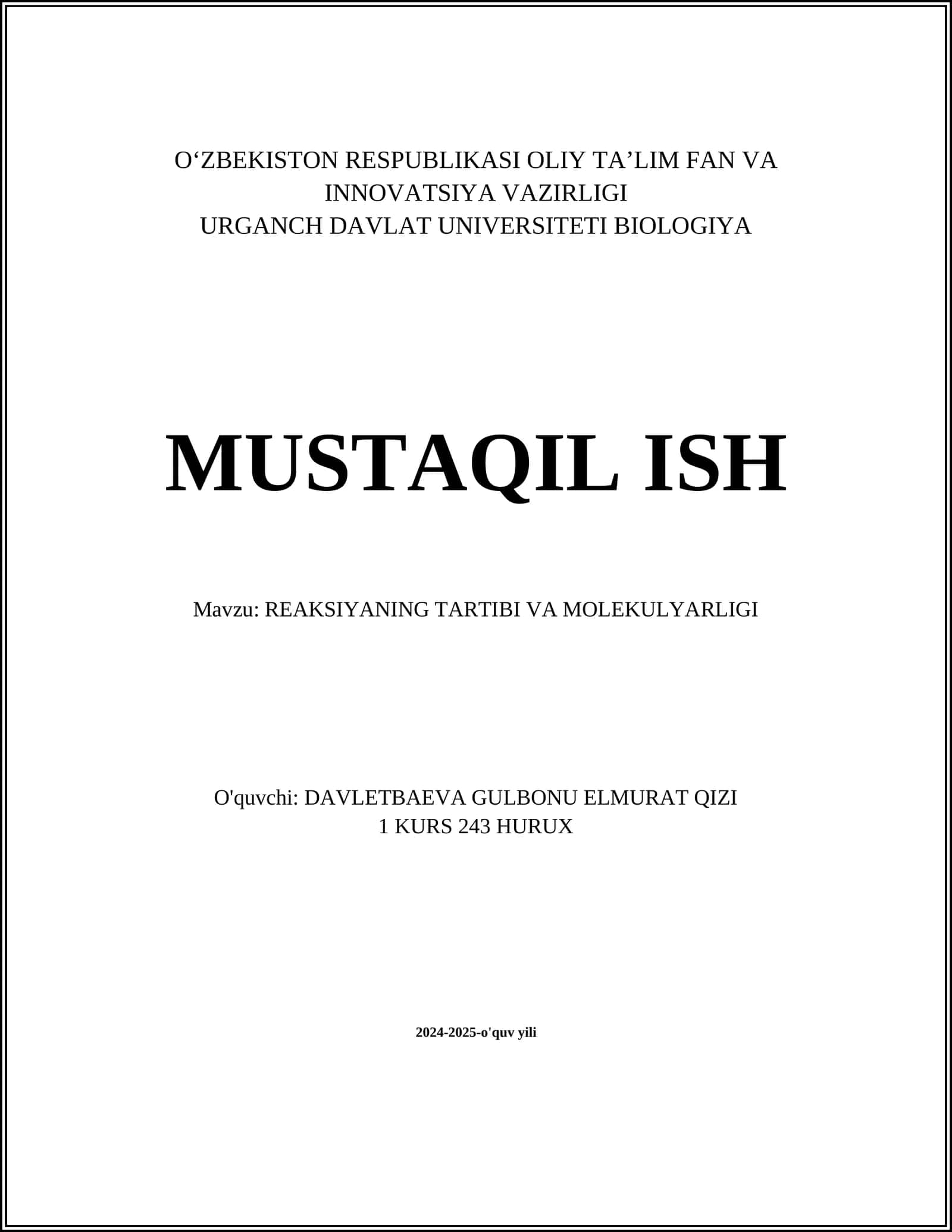REAKSIYANING TARTIBI VA MOLEKULYARLIGI