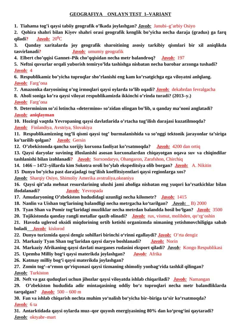 GEOGRAFIYA ONLAYN TEST 1–VARIANT