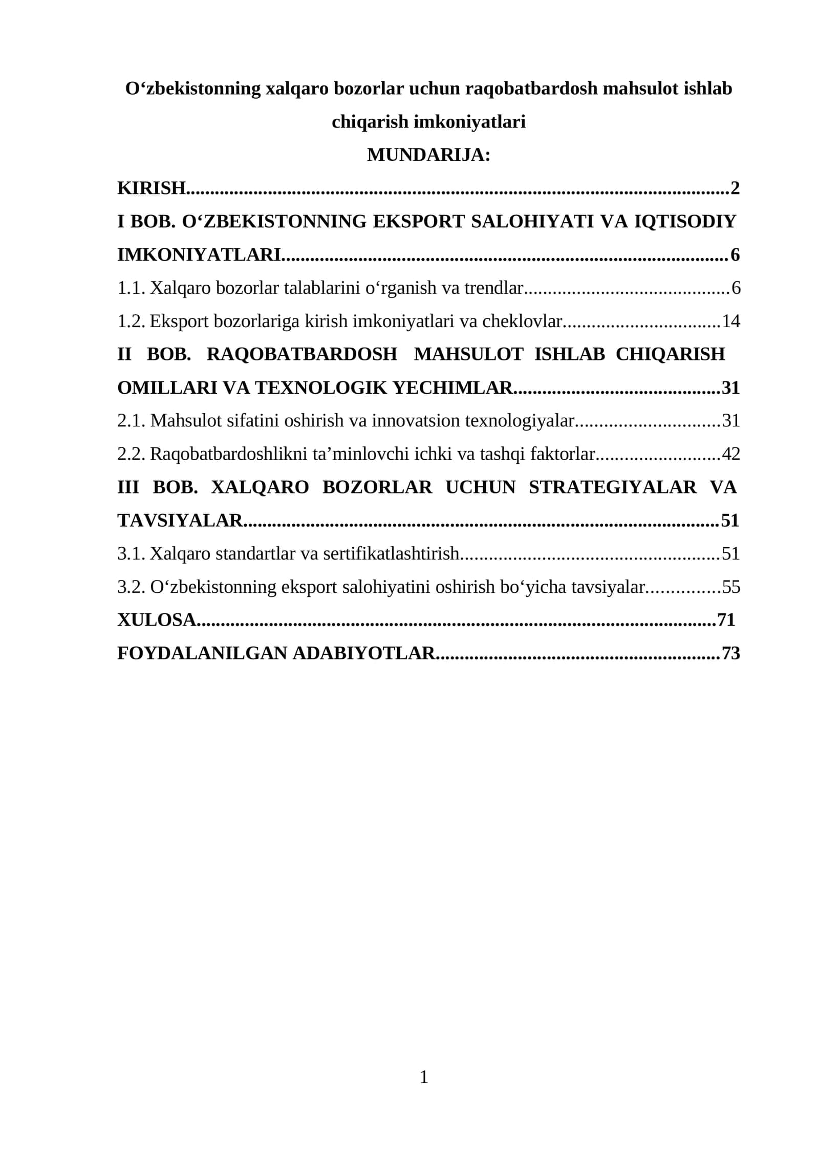 O‘zbekistonning xalqaro bozorlar uchun raqobatbardosh mahsulot ishlab chiqarish imkoniyatlari