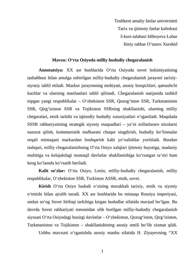 O‘rta Osiyoda milliy hududiy chegaralanish