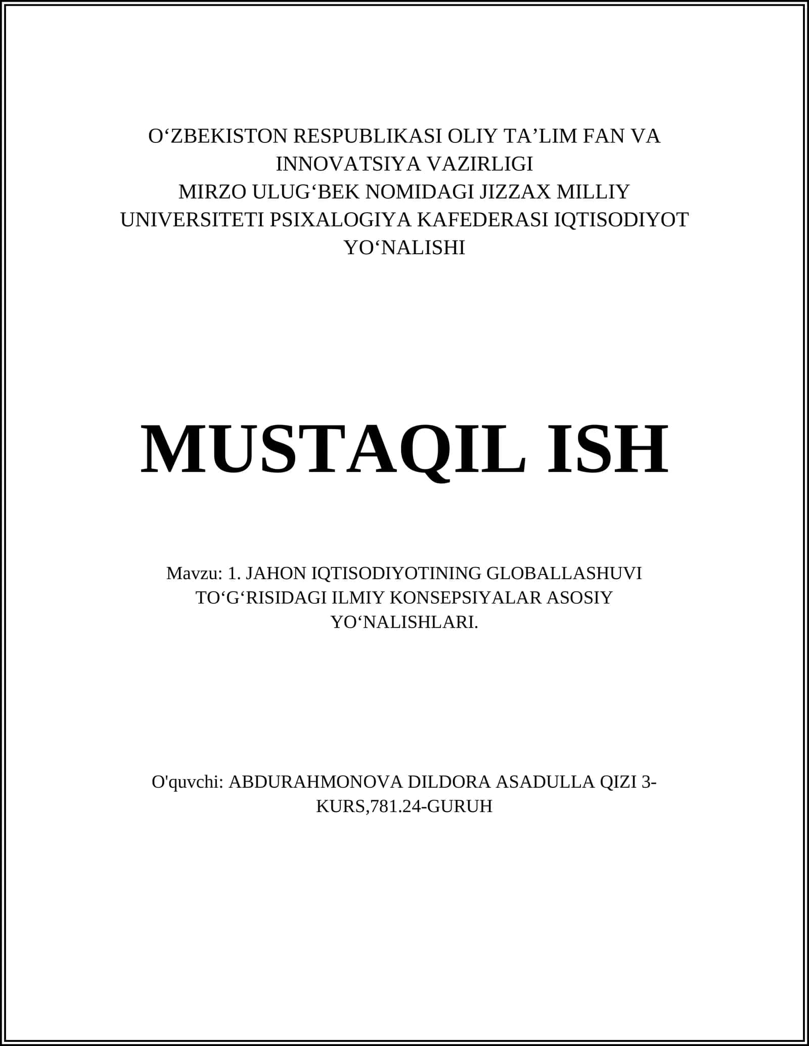 Jahon iqtisodiyotining globallashuvi: nazariy asoslar va konsepsiyalar