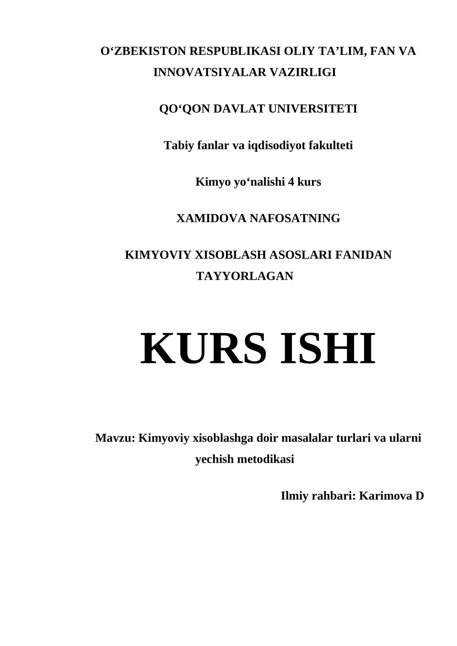 Kimyoviy xisoblashga doir masalalar turlari va ularni yechish metodikasi