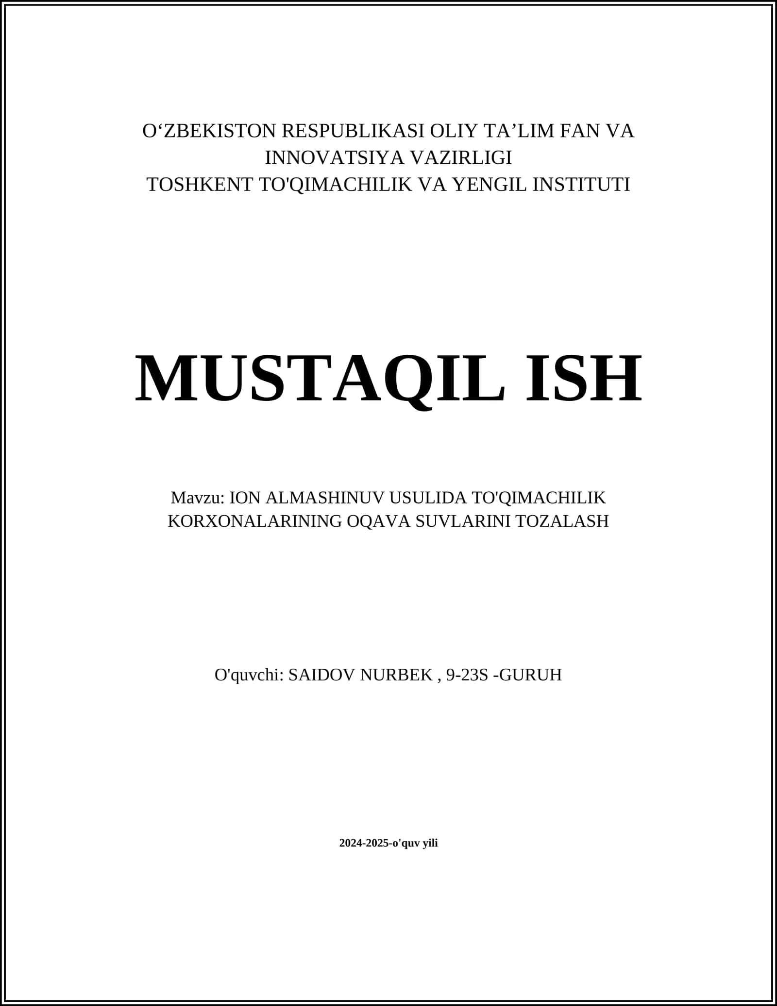 ION ALMASHINUV USULIDA TO'QIMACHILIK KORXONALARINING OQAVA SUVLARINI TOZALASH
