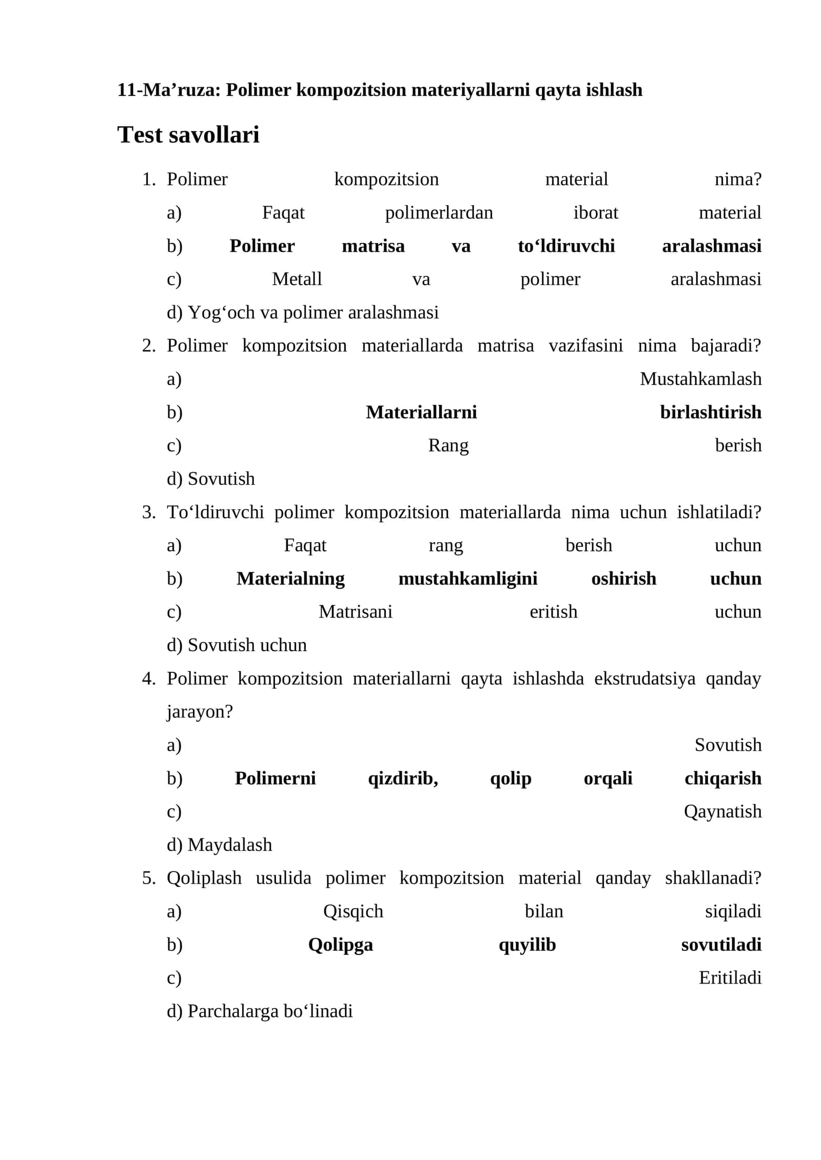 11-Ma’ruza: Polimer kompozitsion materiyallarni qayta ishlash