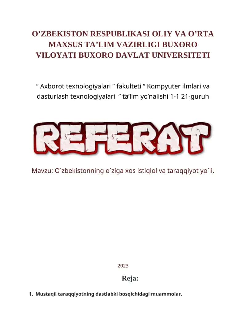 "O`zbekistonning o`ziga xos istiqlol va taraqqiyot yo`li"