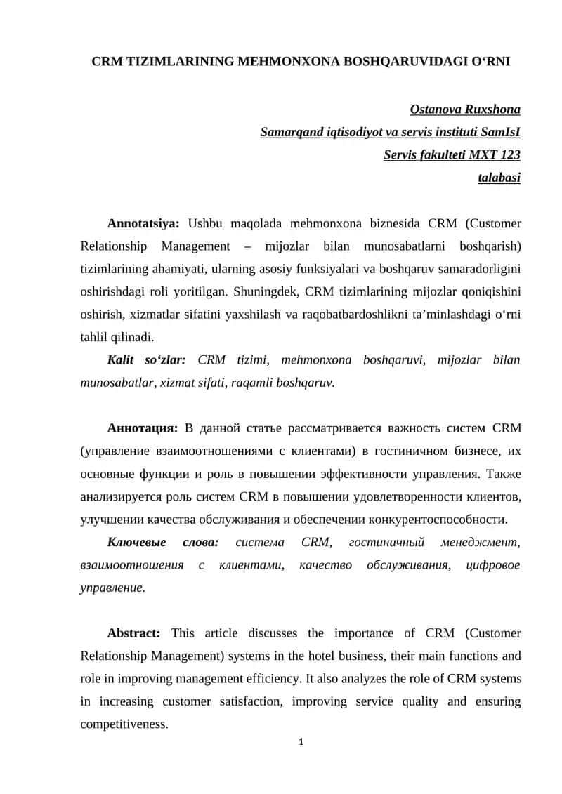 CRM TIZIMLARINING MEHMONXONA BOSHQARUVIDAGI OʻRNI