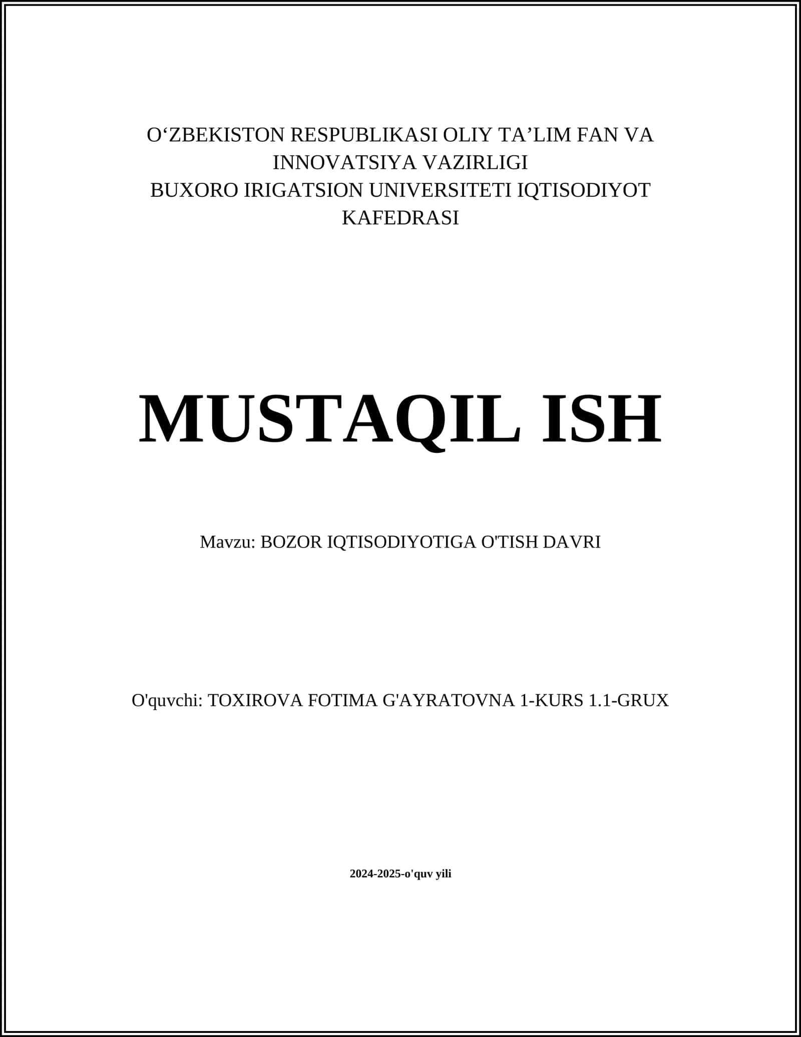 BOZOR IQTISODIYOTIGA O'TISH DAVRI