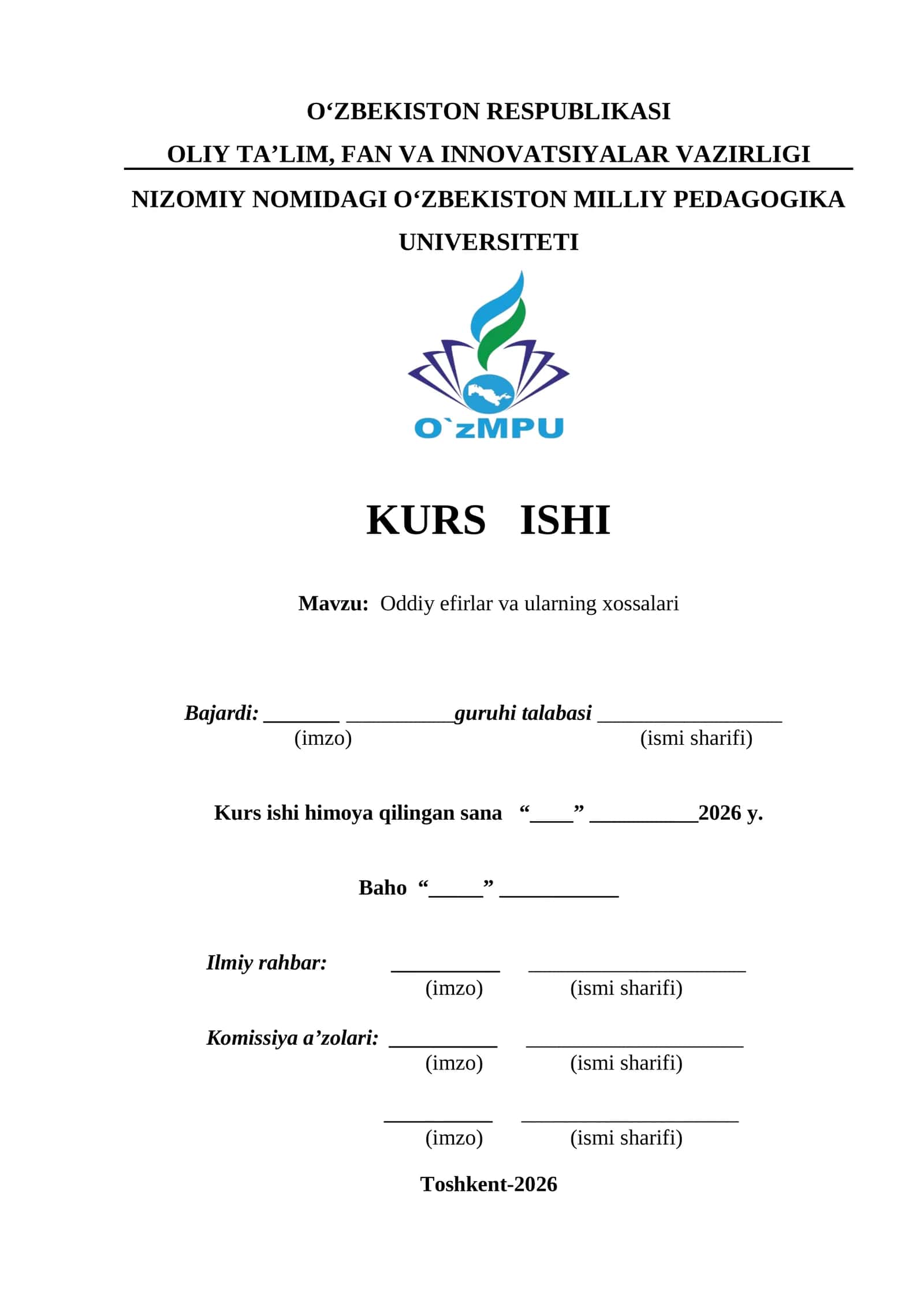 Oddiy efirlar va ularning xossalari kurs ishi