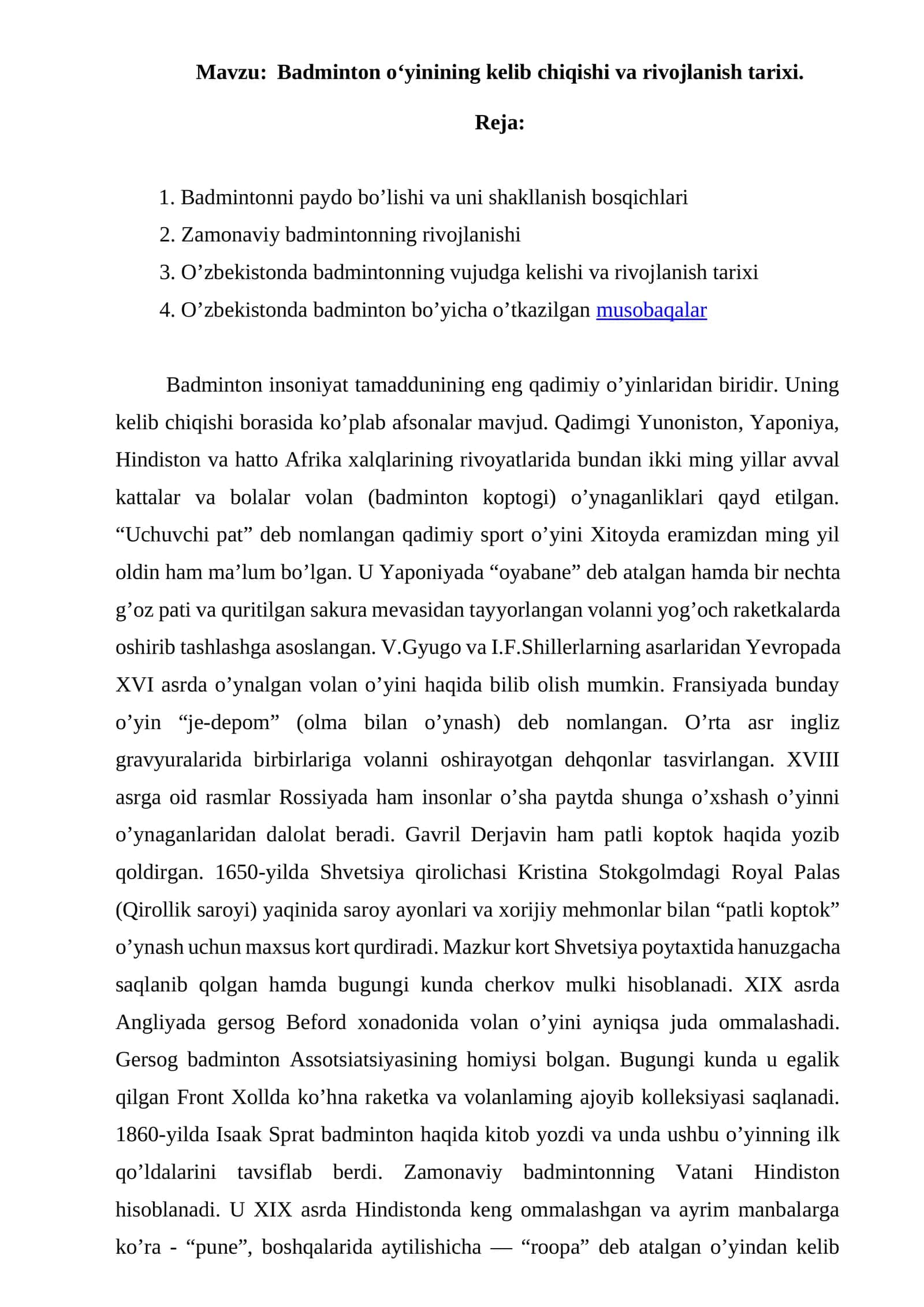 Badminton o‘yinining kelib chiqishi va rivojlanish tarixi